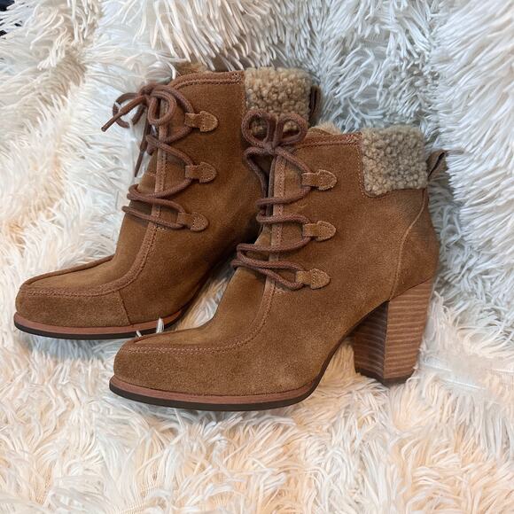 Ugg Annalise Chestnut Lace Up Suede and Sheepskin Heeled Booties Size 6 - Picture 1 of 13